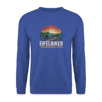  Eifelbiker 1000 Kurven Null Stress Motorrad Eifel - Unisex Pullover - Royalblau - Vorne - Alina (178cm) & Michal (187cm)