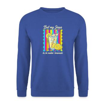 Jesus macht Limonade – Bunter Retro-Print - Unisex Pullover - Royalblau - Vorne - Alina (178cm) & Michal (187cm)