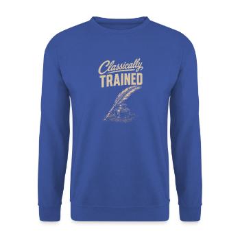 Klassisch Geprägt: Federkiel & Tinte - Unisex Pullover - Royalblau - Vorne - Alina (178cm) & Michal (187cm)