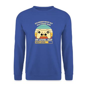 Levelaufstieg Retro-Controller Design - Unisex Pullover - Royalblau - Vorne - Alina (178cm) & Michal (187cm)