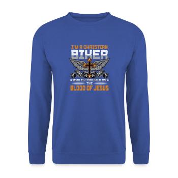 Christian Biker Covered by Jesus Blood Design - Unisex Pullover - Royalblau - Vorne - Alina (178cm) & Michal (187cm)