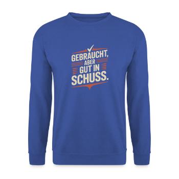 Gebraucht Aber Gut In Schuss Oldtimer Geburtstag - Unisex Pullover - Royalblau - Vorne - Alina (178cm) & Michal (187cm)