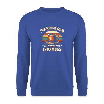 Schlamm wird Tasse | Töpfern - Unisex Pullover - Royalblau - Vorne - Alina (178cm) & Michal (187cm)
