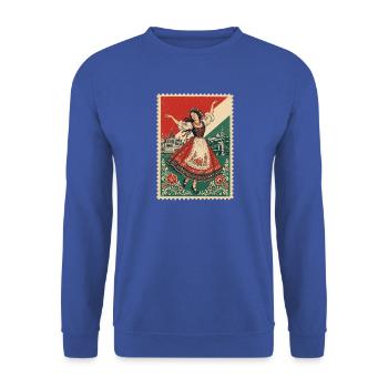 Vintage Ungarische Volkstanz Briefmarke - Unisex Pullover - Royalblau - Vorne - Alina (178cm) & Michal (187cm)