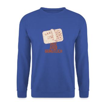 Eng aber gemütlich Sardinen Design - Unisex Pullover - Royalblau - Vorne - Alina (178cm) & Michal (187cm)