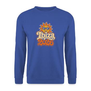 Ibiza 2026 Sonnenretro - Unisex Pullover - Royalblau - Vorne - Alina (178cm) & Michal (187cm)