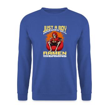Funny Gaming and Ramen Gamer Skeleton - Unisex Pullover - Royalblau - Vorne - Alina (178cm) & Michal (187cm)
