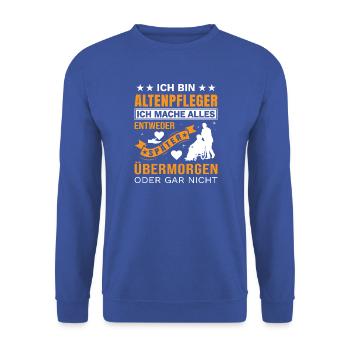 Altenpflege Pfleger Pflegepersonal Pflegekraft - Unisex Pullover - Royalblau - Vorne - Alina (178cm) & Michal (187cm)