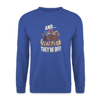 Und los Galoppstart – Pferderennen Motiv - Unisex Pullover - Royalblau - Vorne - Alina (178cm) & Michal (187cm)