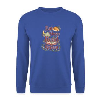 Lesen – Eat Sleep Read Repeat mit Buch und Blumen - Unisex Pullover - Royalblau - Vorne - Alina (178cm) & Michal (187cm)