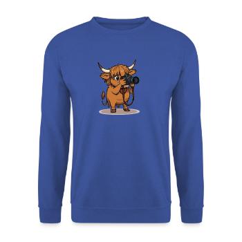 Highland Cow Photographer Cartoon - Unisex Pullover - Royalblau - Vorne - Alina (178cm) & Michal (187cm)