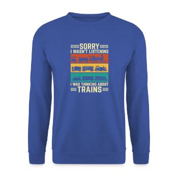Ich dachte an Züge – lustiger Zugliebhaber - Unisex Pullover - Royalblau - Vorne - Alina (178cm) & Michal (187cm)
