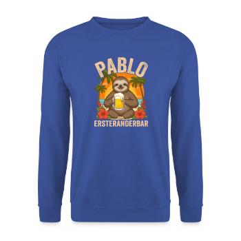 Pablo Ersteranderbar Faultier Bier Fun Motiv - Unisex Pullover - Royalblau - Vorne - Alina (178cm) & Michal (187cm)