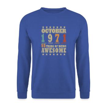 Originaler Oktober 1971 Retro-Stil - Unisex Pullover - Royalblau - Vorne - Alina (178cm) & Michal (187cm)