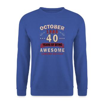 Oktober 1986 Jahrgang Retro Geburtstag Geschenk - Unisex Pullover - Royalblau - Vorne - Alina (178cm) & Michal (187cm)
