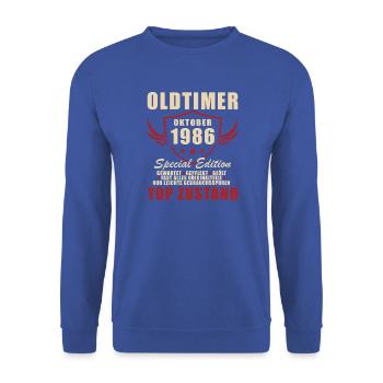 Oktober 1986 Jahrgang Retro Geburtstag Geschenk - Unisex Pullover - Royalblau - Vorne - Alina (178cm) & Michal (187cm)