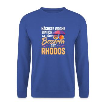 Nächste Woche an einem besseren Ort – Rhodos - Unisex Pullover - Royalblau - Vorne - Alina (178cm) & Michal (187cm)