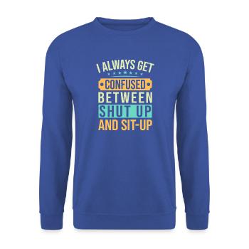 Fitness Fanatics Confused Shut-Up & Sit-Up - Unisex Pullover - Royalblau - Vorne - Alina (178cm) & Michal (187cm)