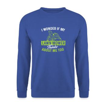 Ich frage mich, ob mein Rasenmäher auch an mich denkt - Unisex Pullover - Royalblau - Vorne - Alina (178cm) & Michal (187cm)