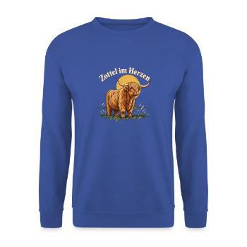 Hochlandrind Fan Zottel im Herzen - Unisex Pullover - Royalblau - Vorne - Alina (178cm) & Michal (187cm)