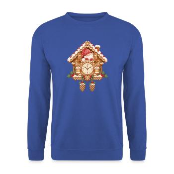 Weihnachtliche Lebkuchen-Kuckucksuhr mit Wichtel  - Unisex Pullover - Royalblau - Vorne - Alina (178cm) & Michal (187cm)