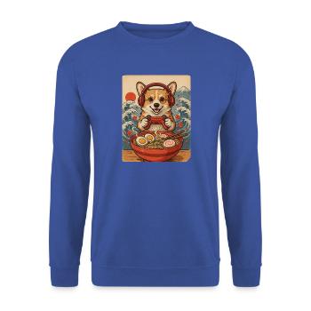 Corgi Gamer mit Controller und Nudelsuppe - Unisex Pullover - Royalblau - Vorne - Alina (178cm) & Michal (187cm)