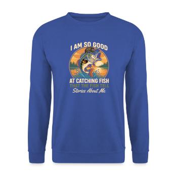 Retro-Fischerfisch mit Brille und Kappe - Unisex Pullover - Royalblau - Vorne - Alina (178cm) & Michal (187cm)