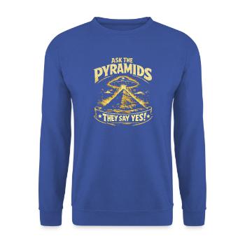 Frag die Pyramiden: UFO Ägyptisches Mysterydesign - Unisex Pullover - Royalblau - Vorne - Alina (178cm) & Michal (187cm)