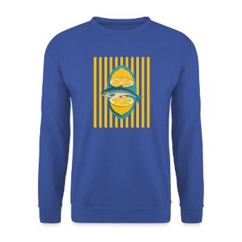 Zitronenfisch auf gelben Streifen - Unisex Pullover - Royalblau - Vorne - Alina (178cm) & Michal (187cm)
