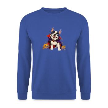  Französische Bulldogge Als Vampir Mit Kürbissen - Unisex Pullover - Royalblau - Vorne - Alina (178cm) & Michal (187cm)
