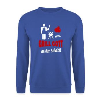 Grill Gott an der Arbeit BBQ Grillfest Grillparty - Unisex Pullover - Royalblau - Vorne - Alina (178cm) & Michal (187cm)