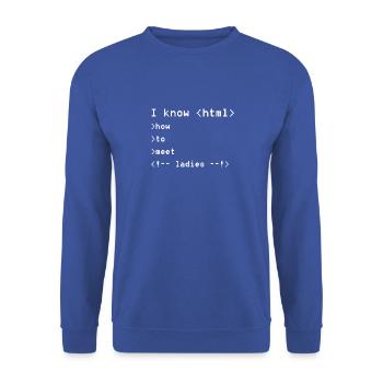 I know html Geeky Nerdy - Unisex Pullover - Royalblau - Vorne - Alina (178cm) & Michal (187cm)