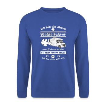 WoMo1019 - Ich bin ein AHORN WoMo-Fahrer - Unisex Pullover - Royalblau - Vorne - Alina (178cm) & Michal (187cm)