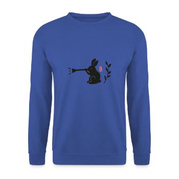 Kaninchen spielt Trompete - Linolschnitt - Unisex Pullover - Royalblau - Vorne - Alina (178cm) & Michal (187cm)