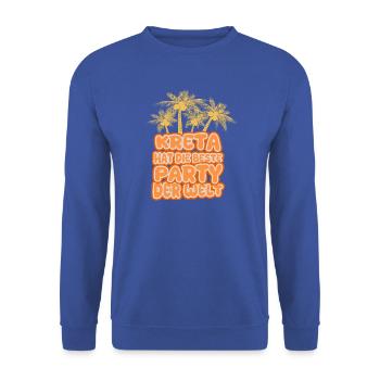 Kreta Palmen Party Schriftzug - Unisex Pullover - Royalblau - Vorne - Alina (178cm) & Michal (187cm)