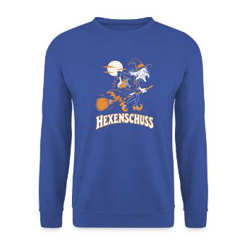 Die Hexe mit der Wärmflasche auf dem Besen - Unisex Pullover - Royalblau - Vorne - Alina (178cm) & Michal (187cm)