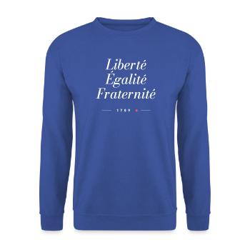 Liberté Égalité Fraternité Script 1789 - Unisex Pullover - Royalblau - Vorne - Alina (178cm) & Michal (187cm)