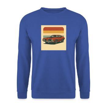 Retro Muscle Car Sonnengruß Design - Unisex Pullover - Royalblau - Vorne - Alina (178cm) & Michal (187cm)