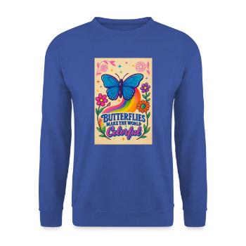 Schmetterling Farbwelt Motiv - Unisex Pullover - Royalblau - Vorne - Alina (178cm) & Michal (187cm)