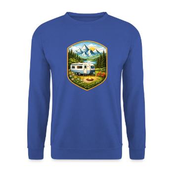 Camping Patch mit Wohnwagen   - Unisex Pullover - Royalblau - Vorne - Alina (178cm) & Michal (187cm)