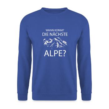 WANN KOMMT DIE NÄCHSTE ALPE WANDERN - Unisex Pullover - Royalblau - Vorne - Alina (178cm) & Michal (187cm)