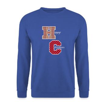 "Happy Christmas" Buchstaben mit Weihnachtsmuster - Unisex Pullover - Royalblau - Vorne - Alina (178cm) & Michal (187cm)