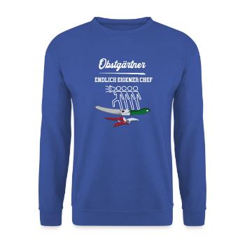 Obstgärtner Endlich Eigener Chef Gärtnerei Meister - Unisex Pullover - Royalblau - Vorne - Alina (178cm) & Michal (187cm)