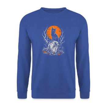 Schwarze Katze auf dem Grabstein im Vollmond - Unisex Pullover - Royalblau - Vorne - Alina (178cm) & Michal (187cm)