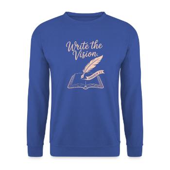 Schreibe die Vision – Feder & Offenes Buch - Unisex Pullover - Royalblau - Vorne - Alina (178cm) & Michal (187cm)