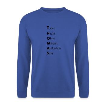 Thomas, name description - Unisex Sweatshirt - royal blue - Front - Alina (178cm) & Michal (187cm)