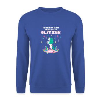 Ich steh mit beiden Beinen fest im Glitzer Einhorn - Unisex Pullover - Royalblau - Vorne - Alina (178cm) & Michal (187cm)