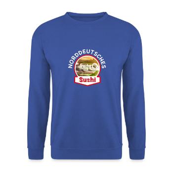 Norddeutsches Sushi | Fischbrötchen Matjes Hering - Unisex Pullover - Royalblau - Vorne - Alina (178cm) & Michal (187cm)