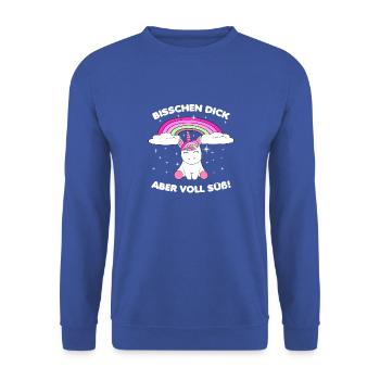 Dickes Einhorn mit Regenbogen - Unisex Pullover - Royalblau - Vorne - Alina (178cm) & Michal (187cm)