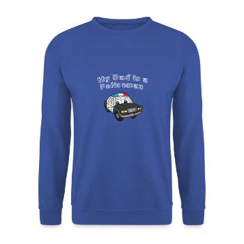 Mein Papa ist ein Polizist, Polizeiauto - Unisex Pullover - Royalblau - Vorne - Alina (178cm) & Michal (187cm)